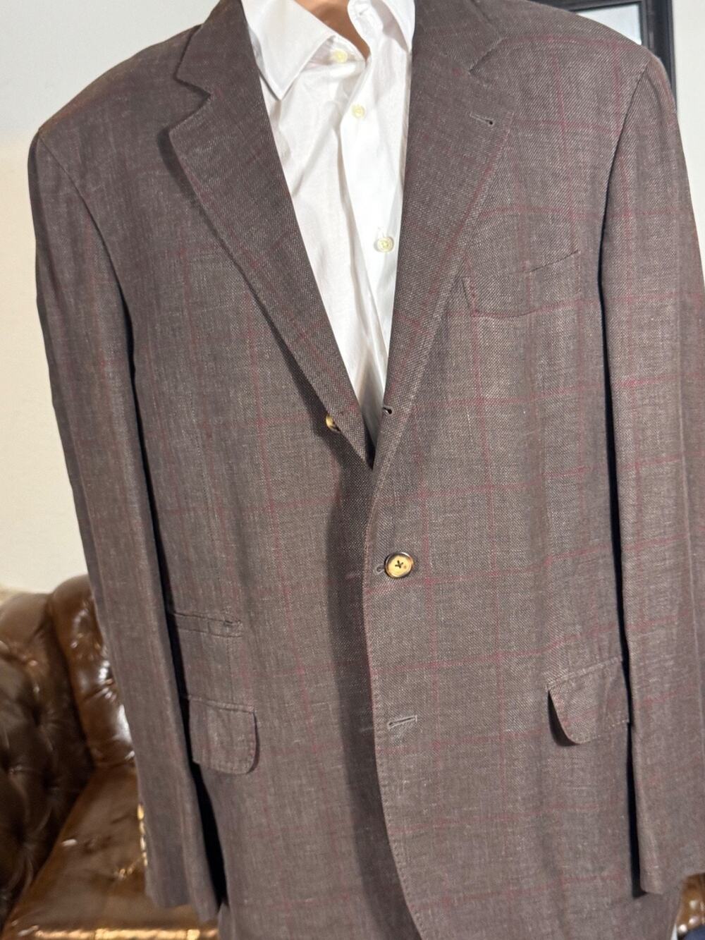 Brunello Cucinelli Brown Wool Linen Silk Burgundy Windowpane Sportcoat 56IT 46R